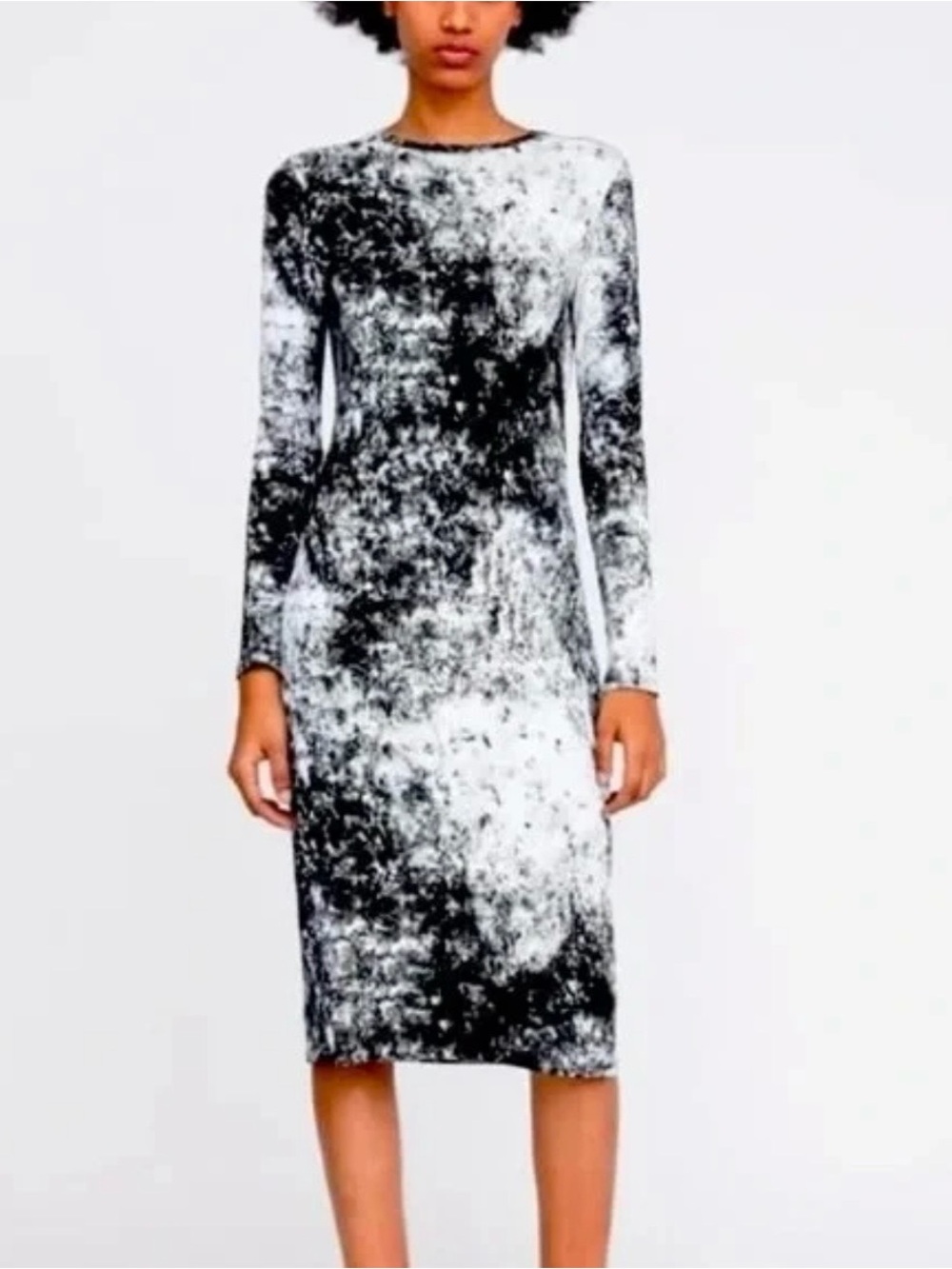 ZARA WOMEN RIB KNIT BODYCON SHEATH DRESS BLACK WHITE TIE DYE, SIZE M